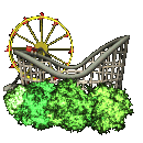 Gif of a wooden roller coaster with a ferris wheel in the background