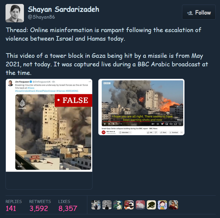 A tweet from Twitter user Shayan Sardarizadeh. It is the start of a thread on misinformation about Palestine.