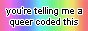 Rainbow-coloured site button with text that reads 'You're telling me a queer coded this.'