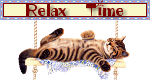 Blinkie with that reads 'Relax Time,' and a sleeping tabby cat hanging below