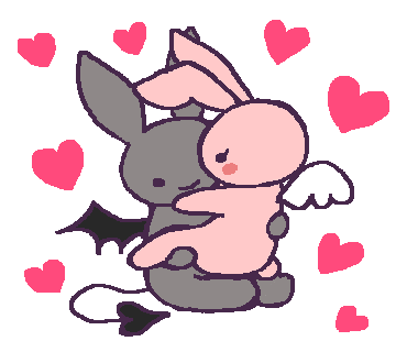 Sticker of a couple of bunnies; one is a grey demon, and the other is a pink angel