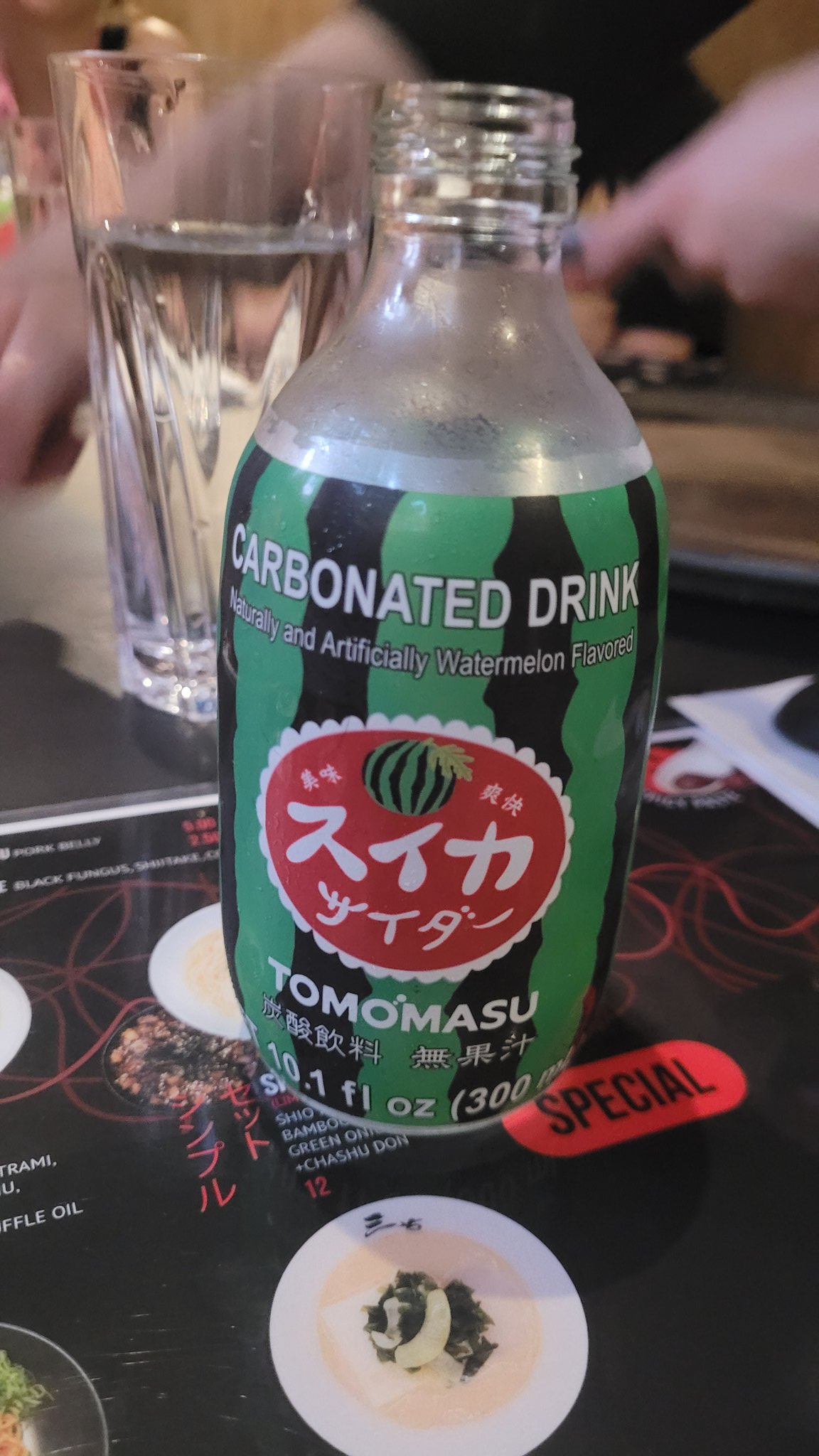 A bottle of Tomomasu watermelon flavoured carbonated drink