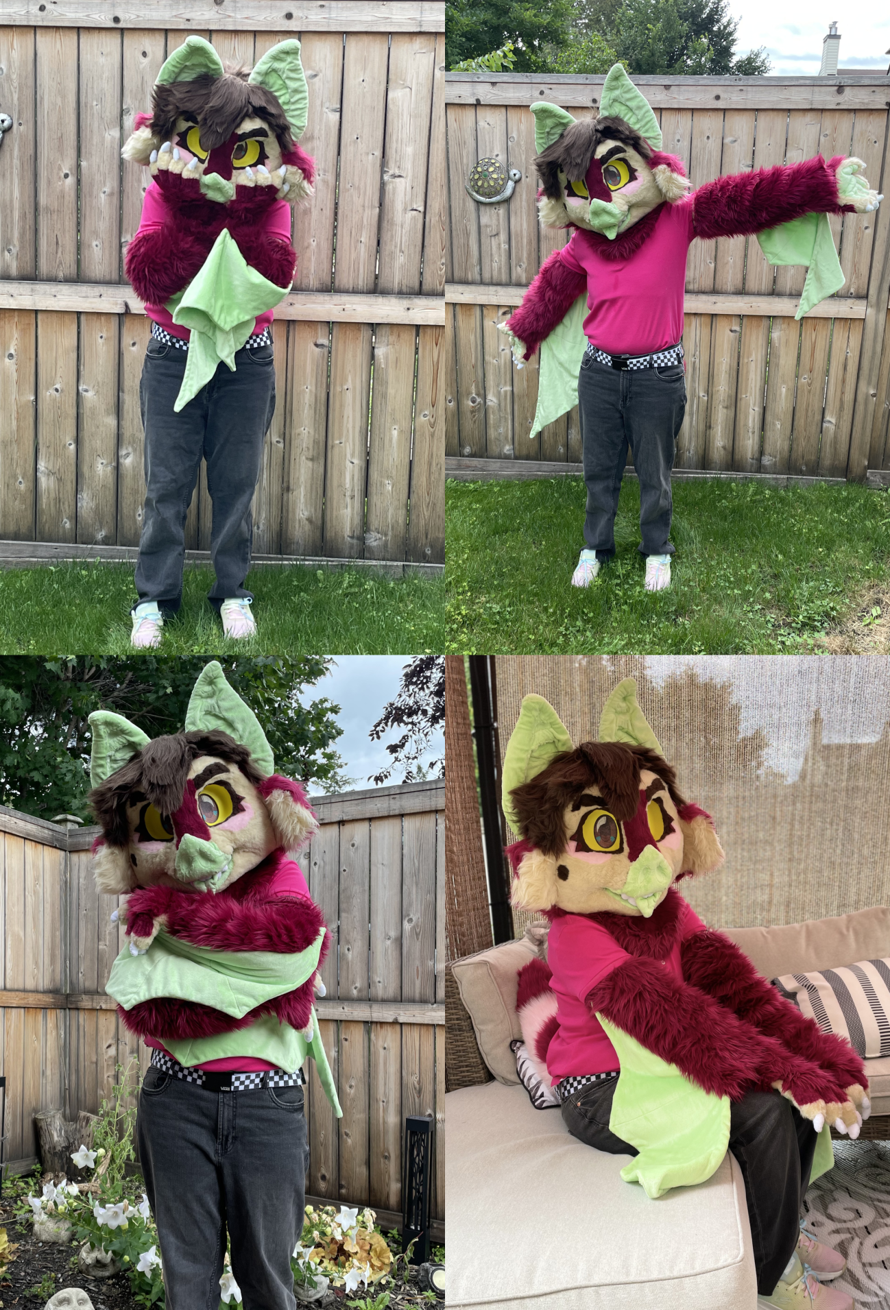 A compilation of images of a bat fursuiter