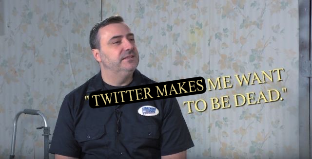 Mike Stoklasa from RedLetterMedia with text that reads 'Twitter makes me want to be dead'